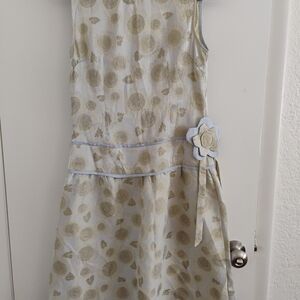 Womens' Sleeveless Cream Floral Satin Dress with Flower Accent